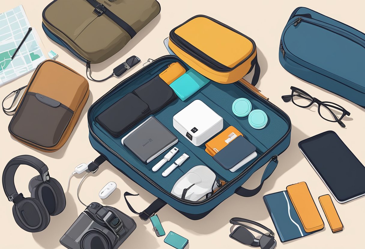 A traveler packing a compact, lightweight power bank into a carry-on bag alongside other travel essentials