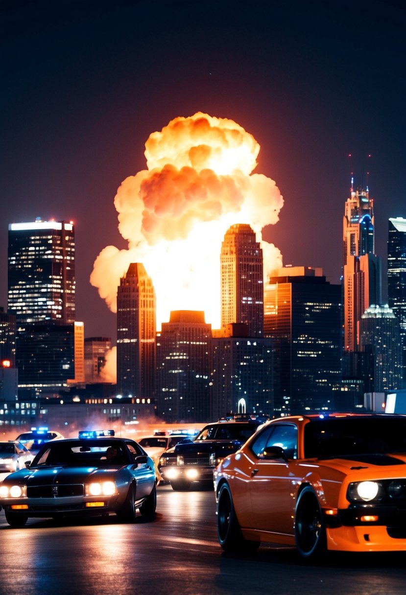 Explosions and car chases in a city skyline at night