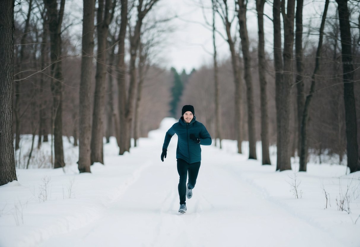 A lone figure running through a snowy forest, surrounded by bare trees and a serene, wintry landscape