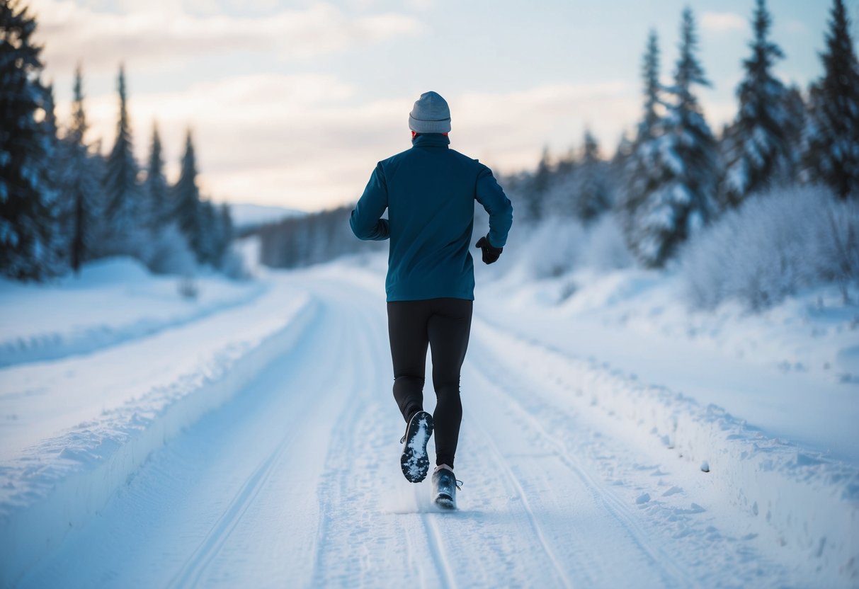 A person running on a snowy path with a clear goal in sight, surrounded by winter scenery and a sense of determination