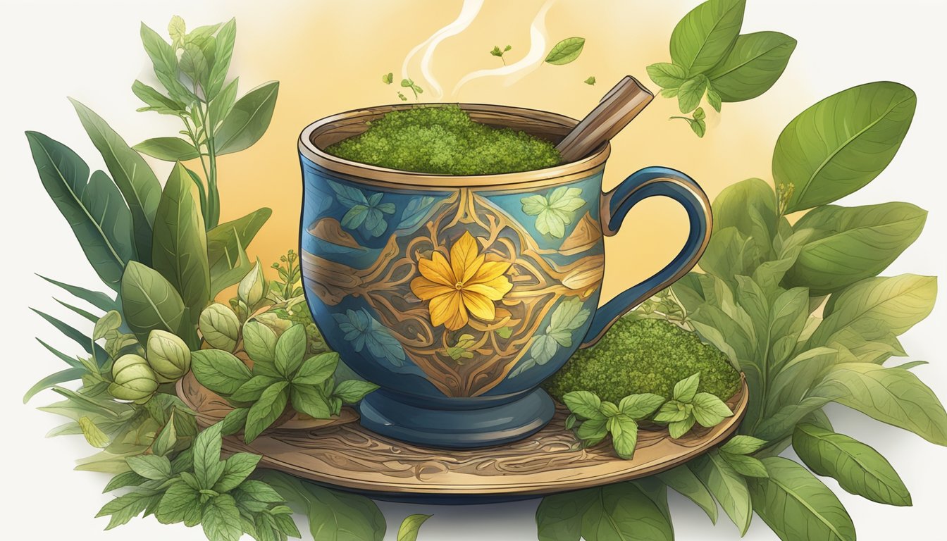 A steaming cup of yerba mate surrounded by various herbs and plants, emitting a warm, healing glow