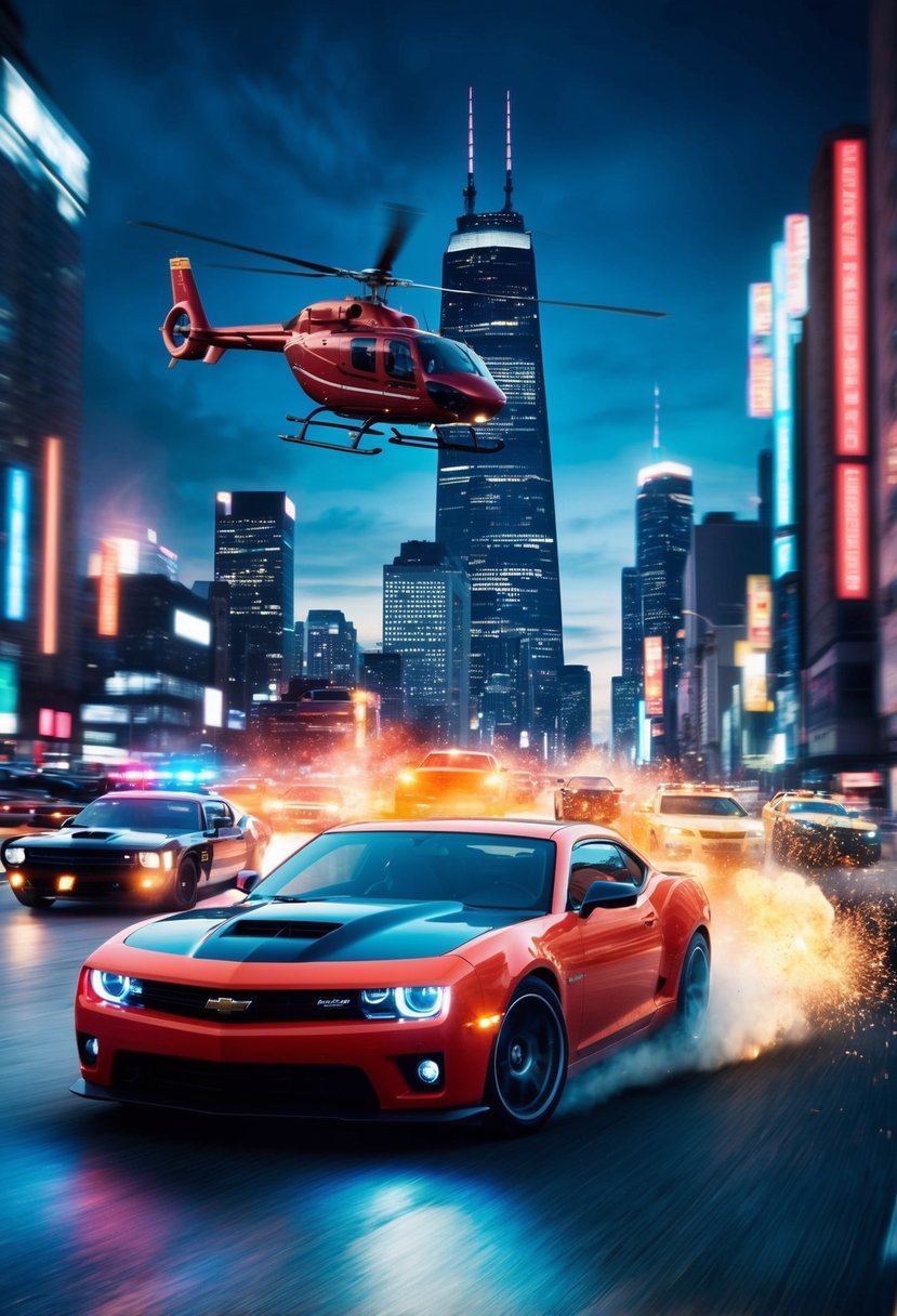 Explosive car chase through a neon-lit city at night, with a helicopter overhead and a looming skyscraper in the background