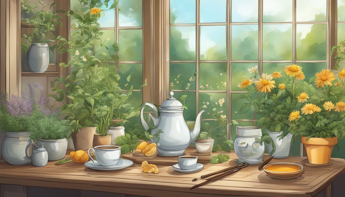 A serene garden with various herbs and flowers, a table with tea leaves and blending tools, and a warm, inviting atmosphere