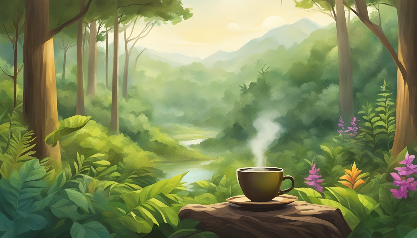 A serene forest clearing with a steaming cup of yerba mate surrounded by vibrant greenery and wildlife