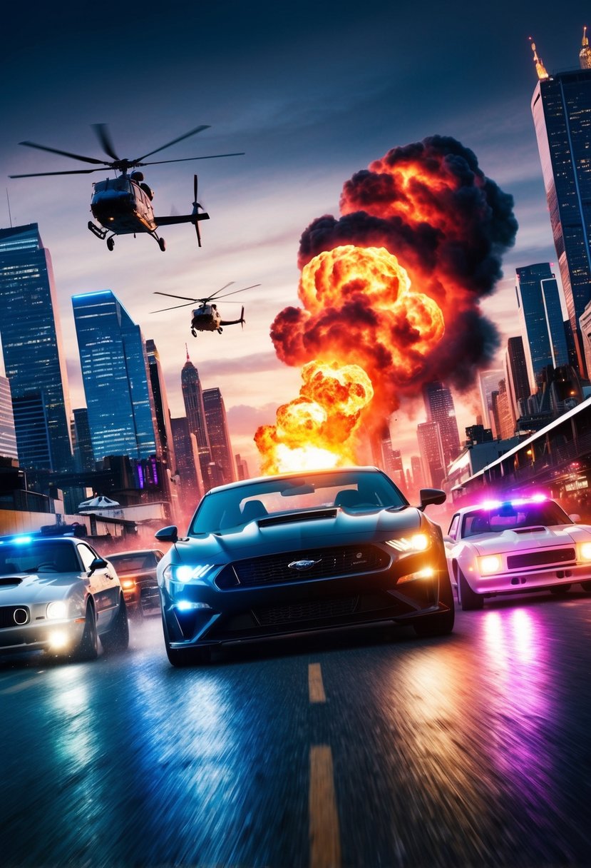 Explosive car chase through a neon-lit city skyline, with helicopters overhead and a fiery explosion in the distance