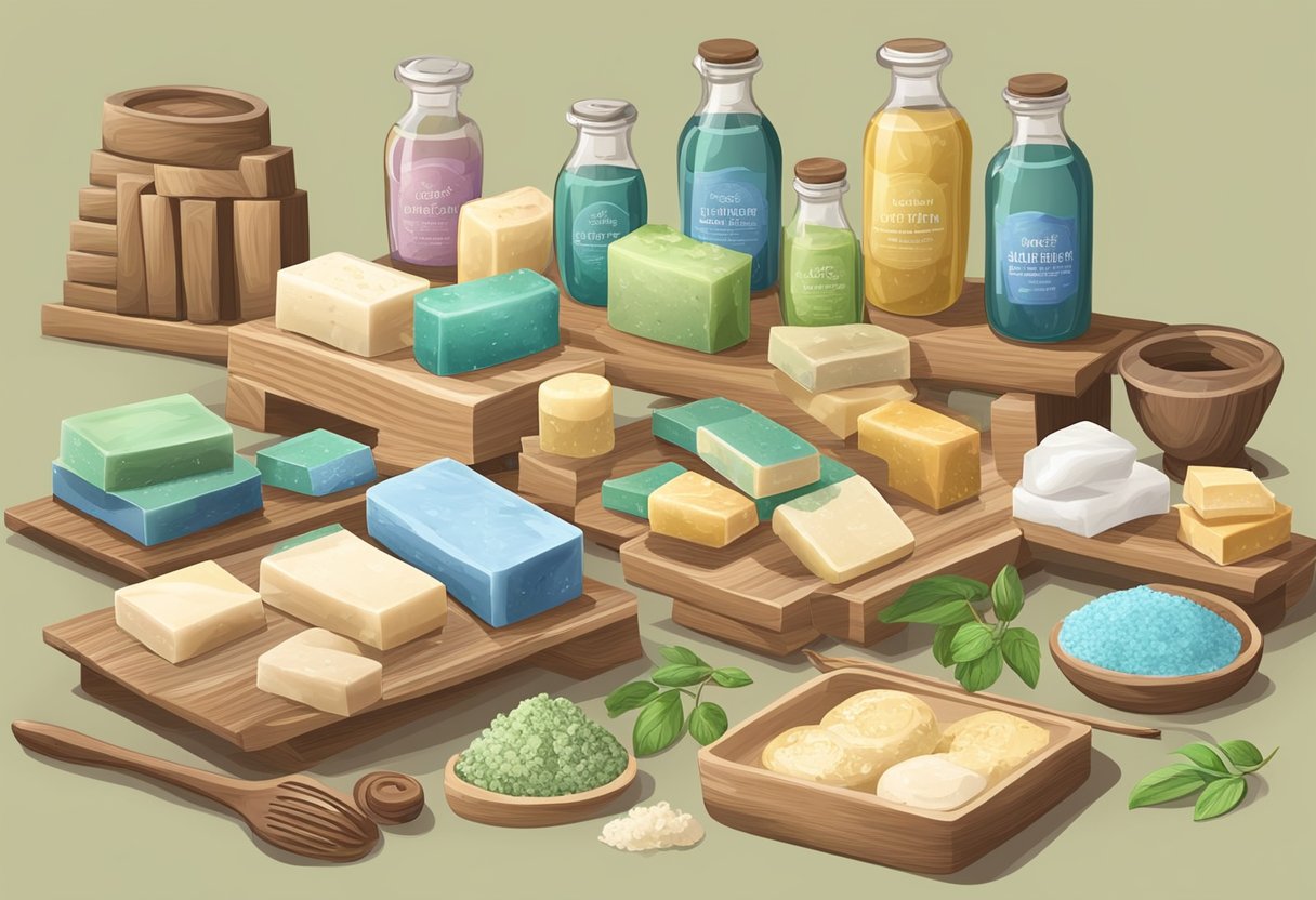 A table with various handmade soap making kits, molds, and ingredients displayed