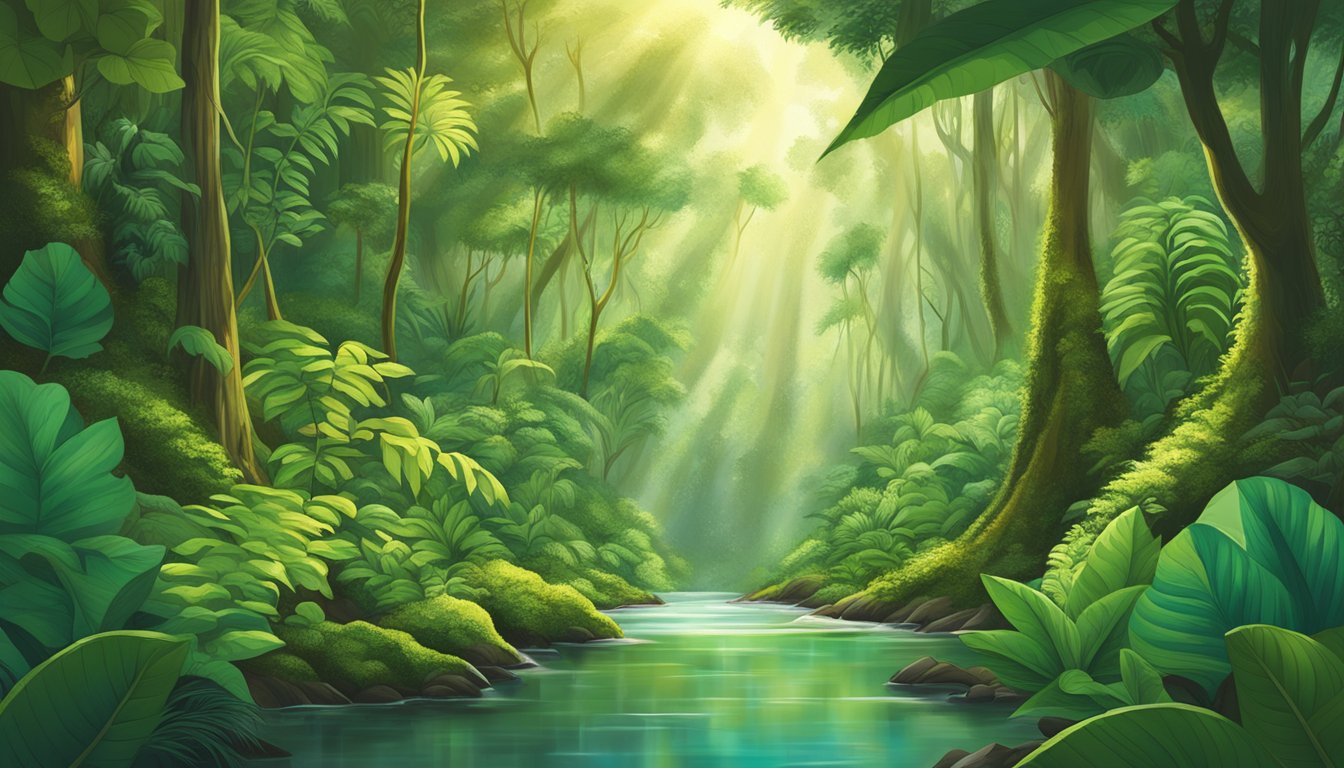 A lush rainforest with yerba mate plants towering over a flowing stream, surrounded by diverse flora and fauna. Sunlight filters through the canopy, illuminating the vibrant green leaves