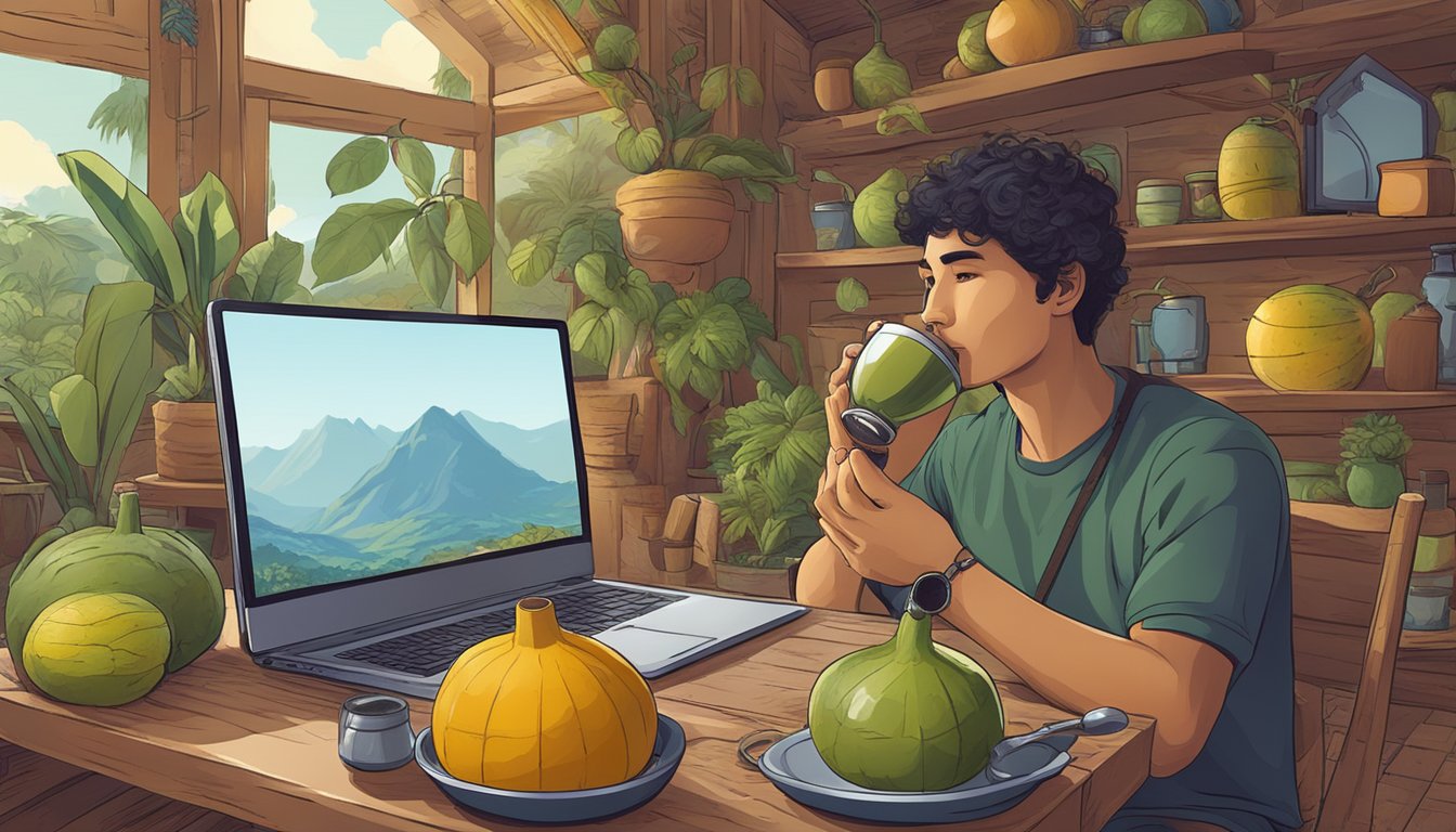 A person sitting in a traditional South American setting, sipping yerba mate from a gourd, with modern gadgets and technology in the background