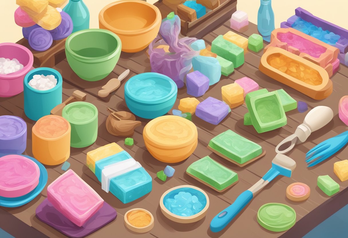 A table filled with colorful handmade soap kits and molds, surrounded by various ingredients and tools