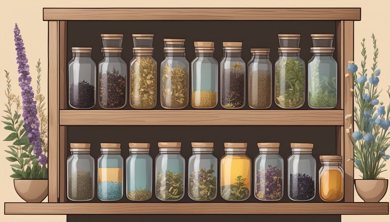 A wooden shelf filled with various jars of loose tea blends, surrounded by dried herbs and flowers for preservation