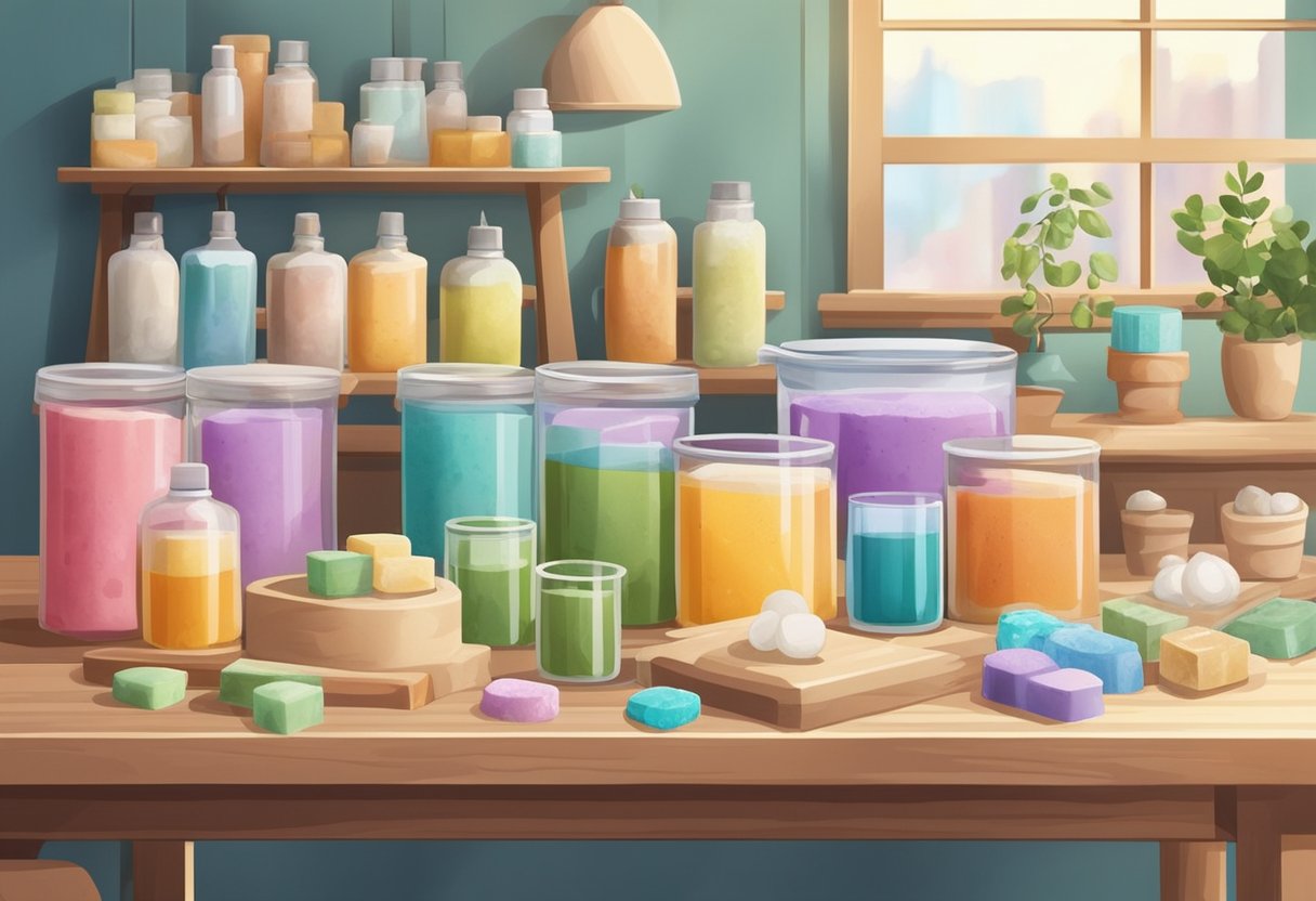 A table covered with soap making supplies, including handmade soap kits and various molds, arranged neatly in a well-lit room