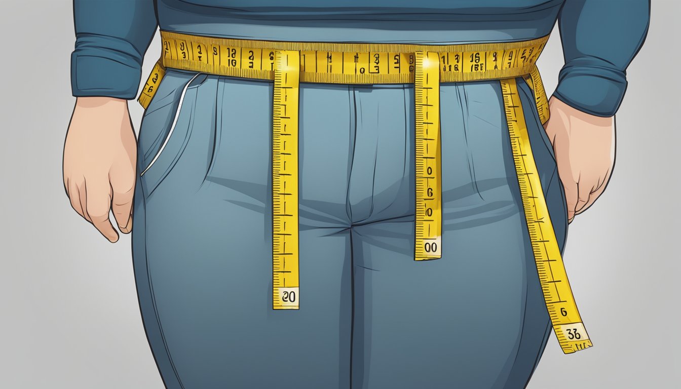 A tape measure wrapped around a waist with excess fat bulging over the top of pants