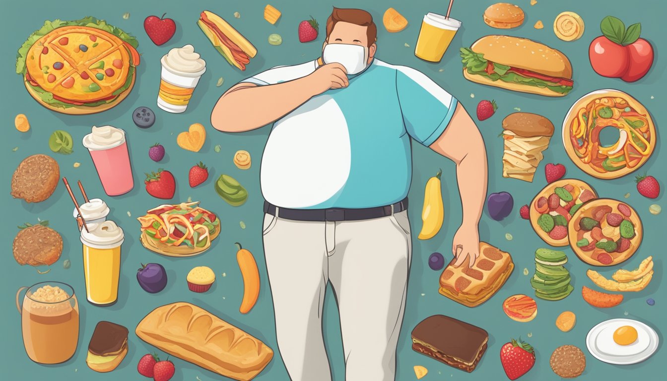 A person's midsection with visible love handles, surrounded by images of unhealthy food and a lack of physical activity