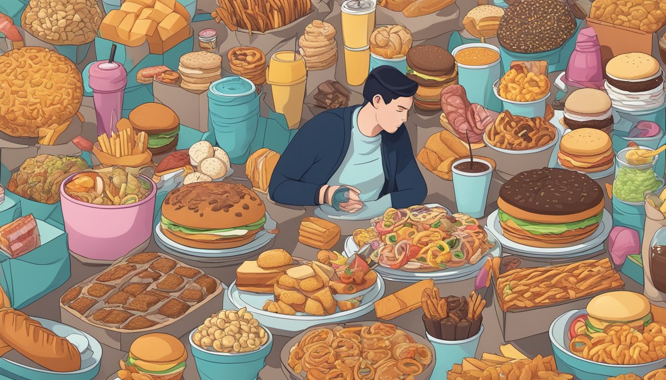 A person surrounded by unhealthy food options, struggling to resist temptation