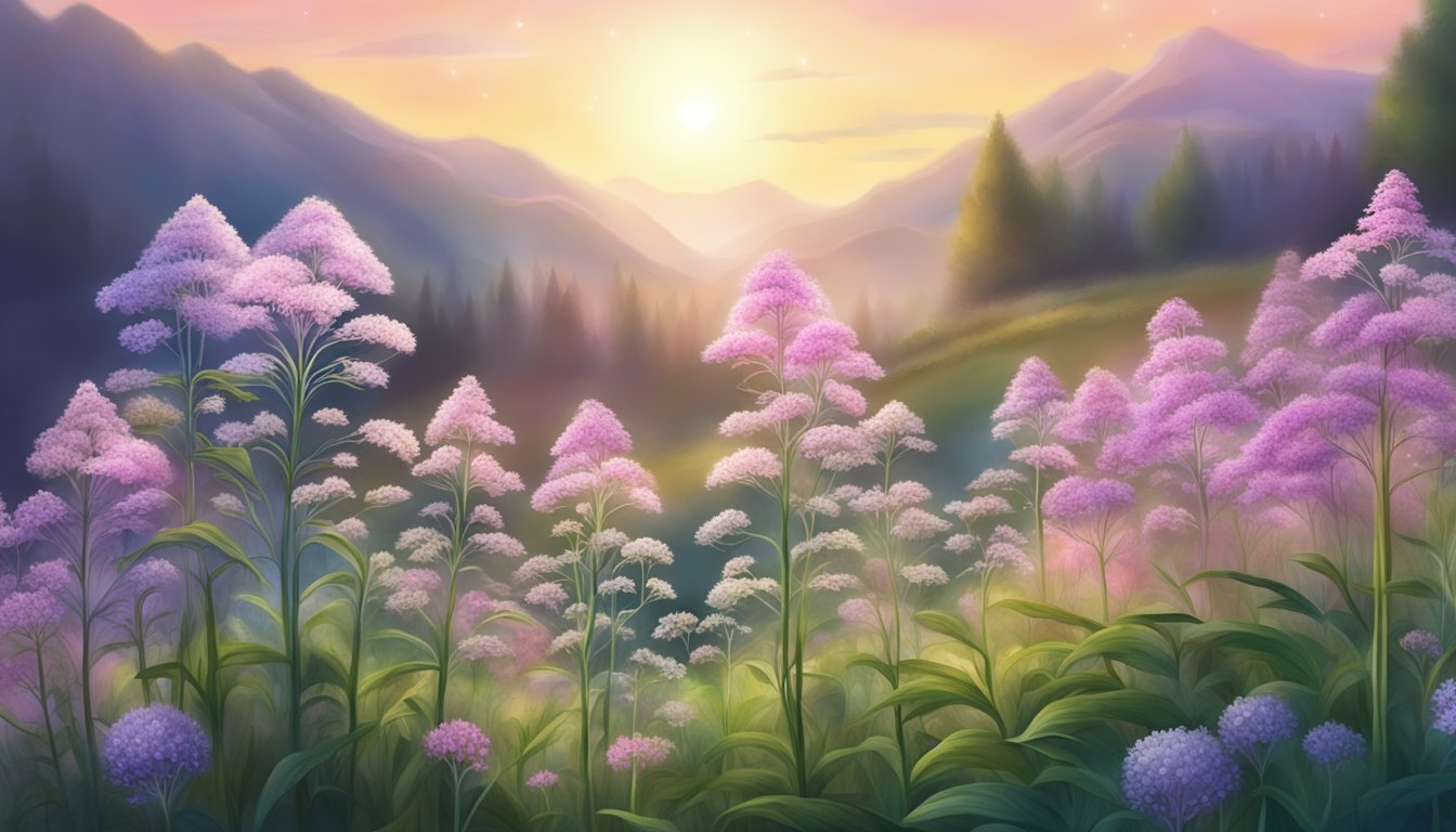 A serene meadow with valerian plants glowing with healing energy, surrounded by a protective aura, while gentle light emanates from the flowers