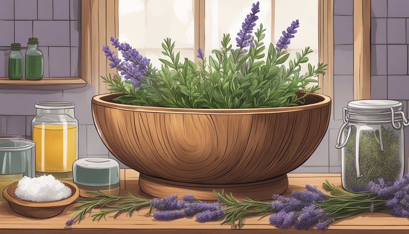 A wooden bowl filled with fresh herbs sits next to a steaming bathtub, surrounded by jars of dried lavender, chamomile, and rosemary