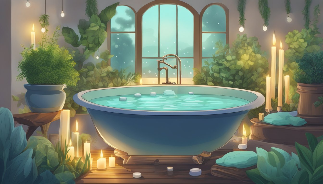 A serene bath scene with various herbs floating in the water, surrounded by candles and soothing music playing in the background