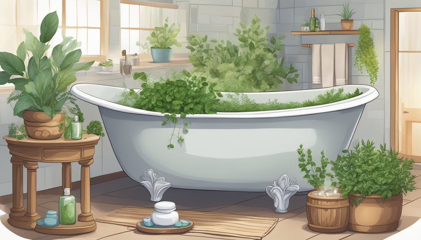 Fresh herbs and essential oils arranged around a bathtub, with a towel and robe nearby. A steaming bath filled with fragrant herbs, ready for relaxation and post-bath care