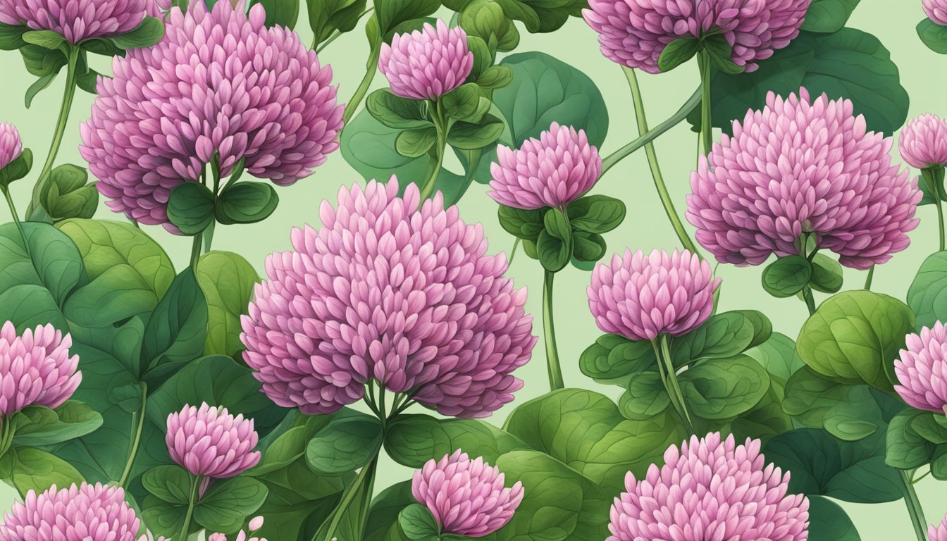 A vibrant red clover plant grows tall, with lush green leaves and delicate pink flowers, exuding a sense of healing and vitality