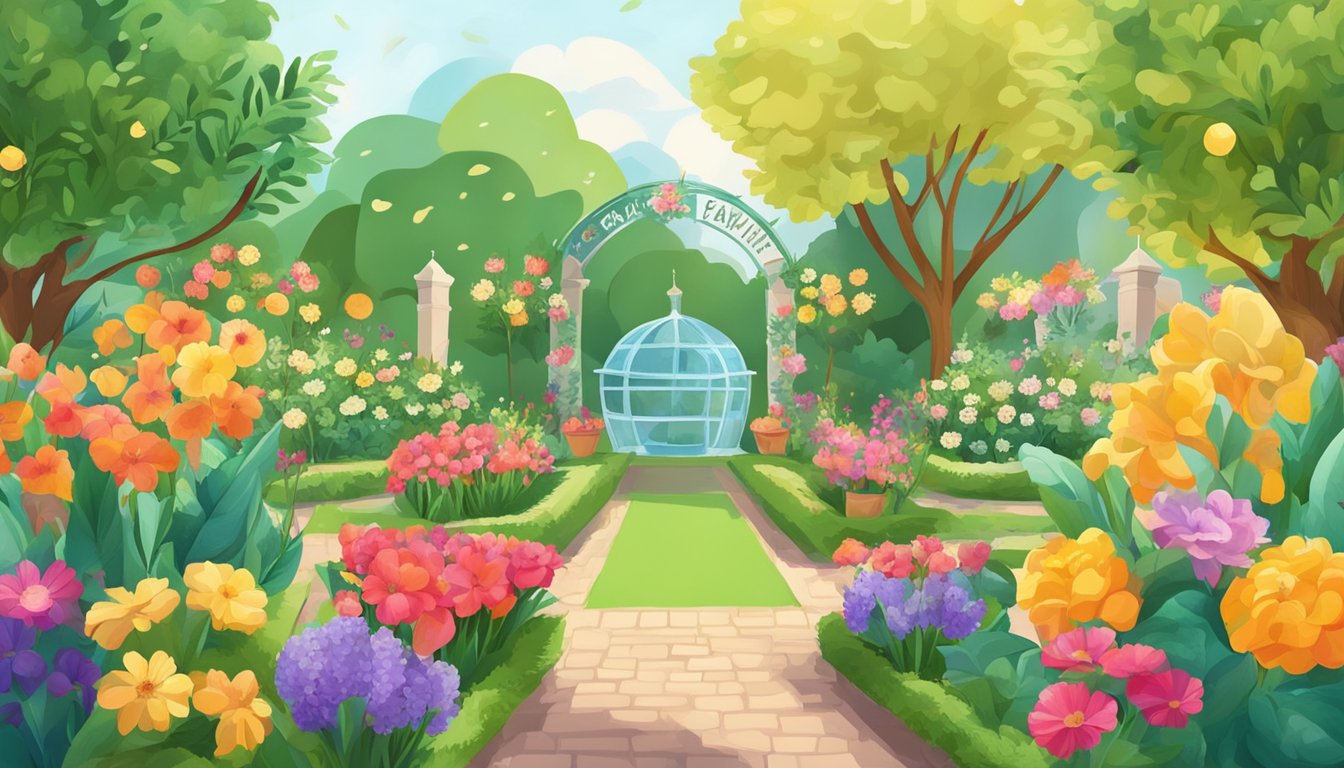 A vibrant garden with blooming flowers and fresh fruits, surrounded by positive affirmations written on colorful banners