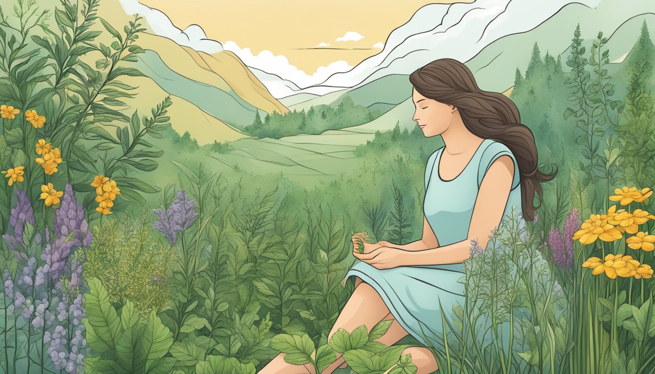 A serene nature scene with various herbs and plants, a healthy diet, and stress-relief activities to illustrate natural solutions for hair loss