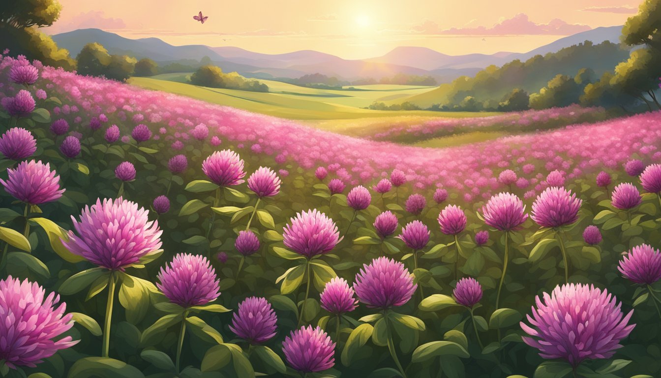 A lush field of red clover stretching towards the horizon, bathed in warm sunlight. Bees and butterflies flit among the blossoms, capturing the essence of the healing powers of nature