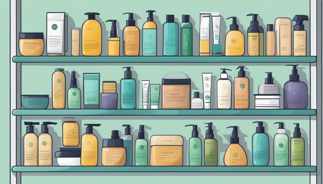 A variety of hair care products and natural remedies displayed on a clean, organized shelf