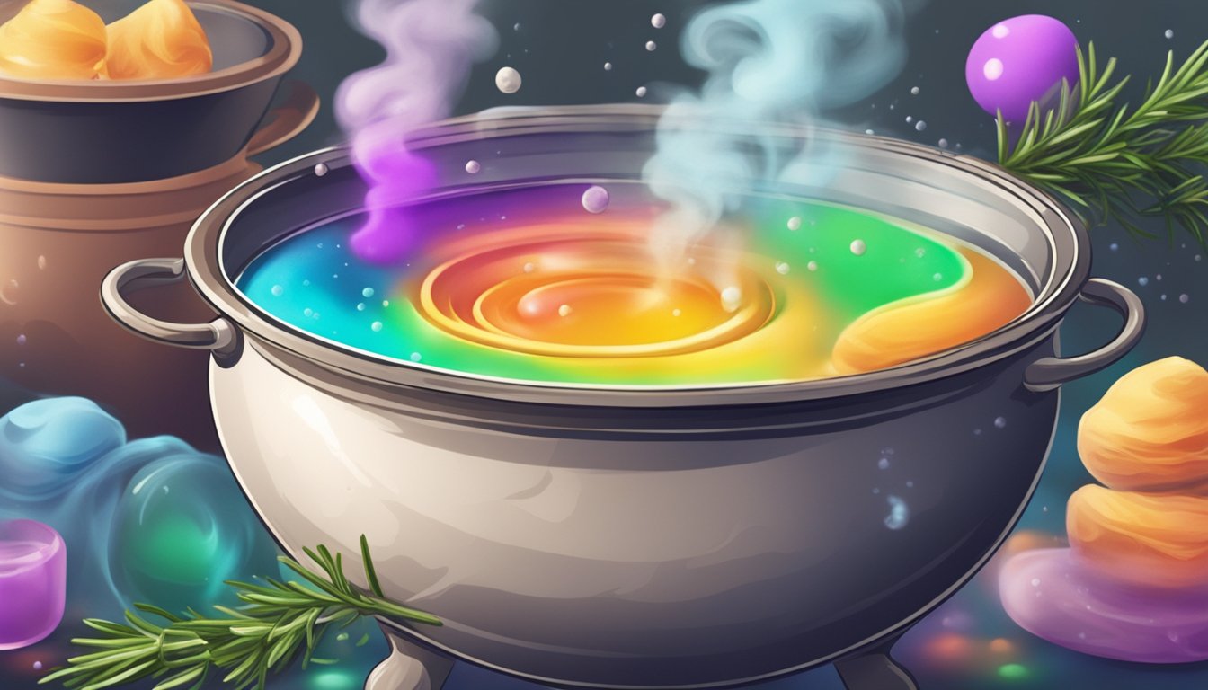 A bubbling cauldron releasing wisps of aromatic steam, surrounded by fresh rosemary sprigs and vials of colorful liquids