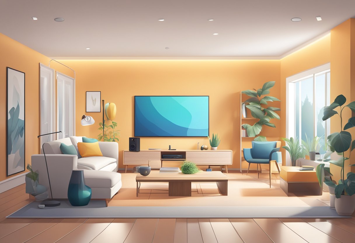 A modern living room with smart home devices: voice-activated speaker, smart thermostat, security camera, and smart lighting