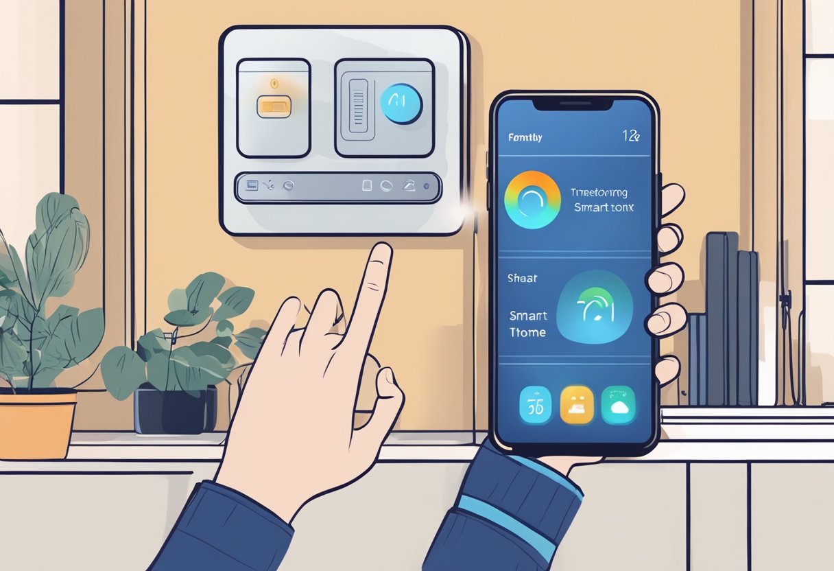 A hand reaches out to adjust a smart thermostat while a smartphone displays connected smart home gadgets