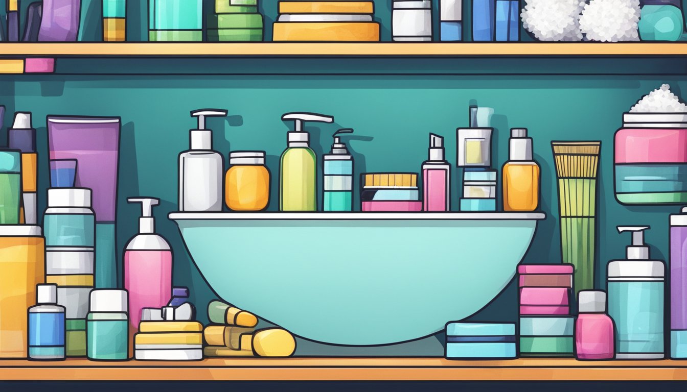 A cluttered bathroom shelf filled with toxic personal care products