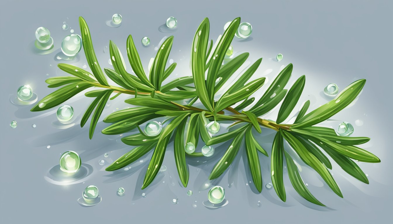 A sprig of rosemary surrounded by soft, warm light, with delicate droplets of water clinging to its vibrant green leaves