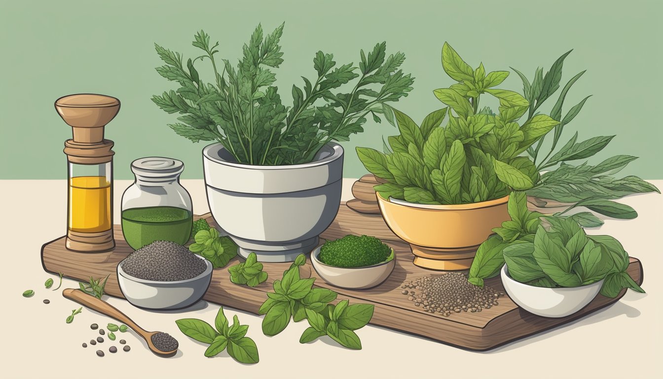 A collection of various herbs and ingredients arranged on a clean workspace, with a mortar and pestle for grinding and mixing