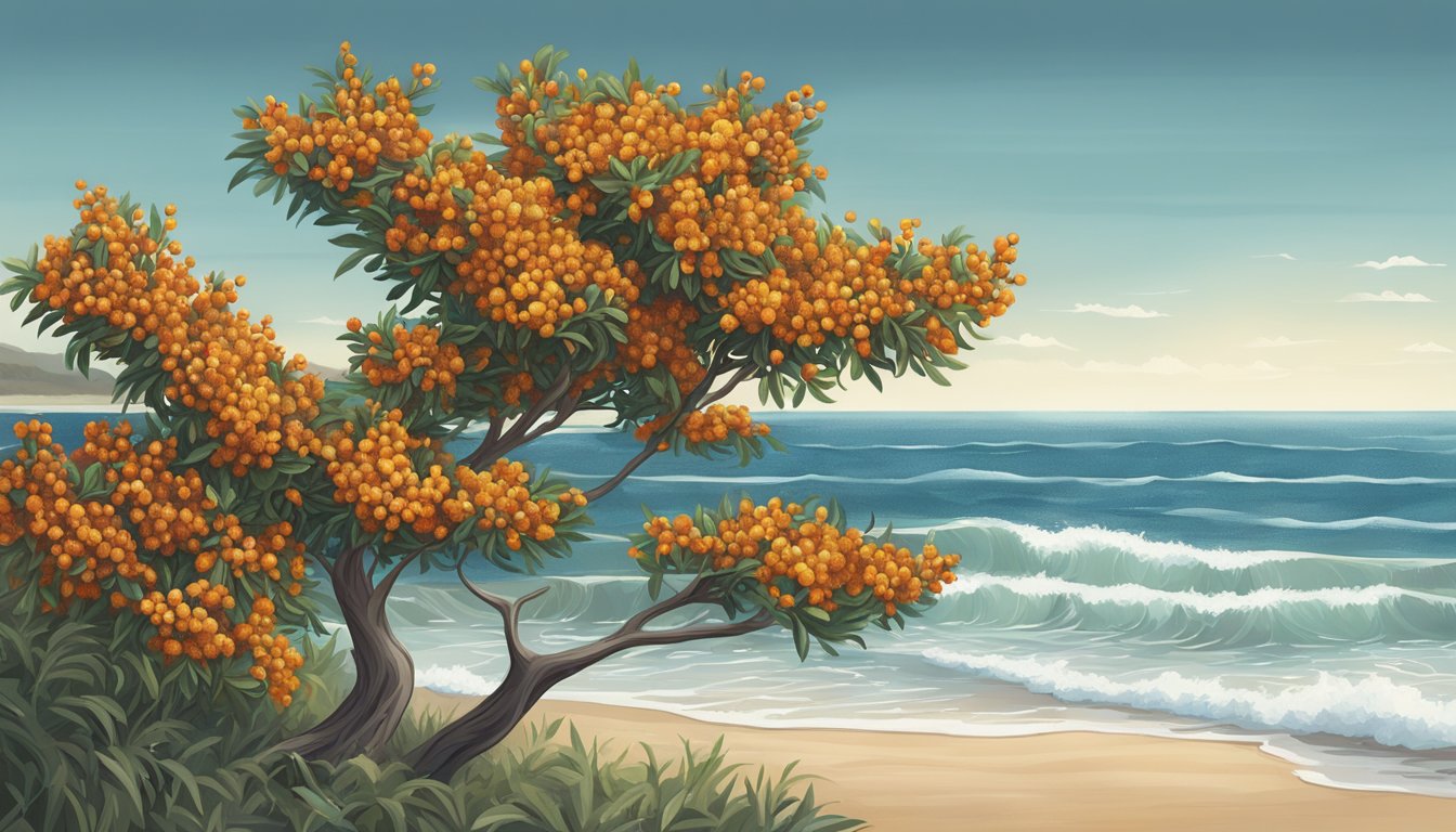 A sea buckthorn bush surrounded by a serene beach with waves crashing in the background