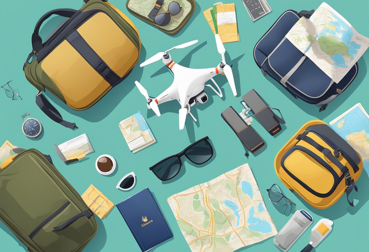 Two compact drones neatly packed in a travel bag, surrounded by travel essentials like a passport, sunglasses, and a map