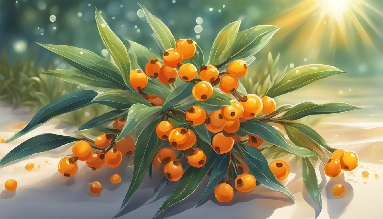 A vibrant sea buckthorn plant surrounded by swirling waves and glowing sunlight, with various medicinal herbs and plants nearby