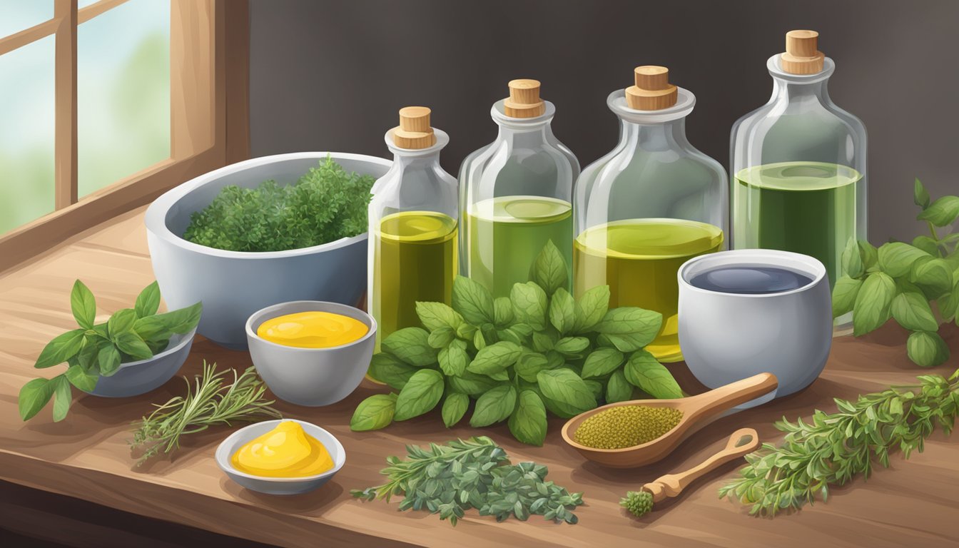 A table with various herbs, oils, and containers, along with safety equipment like gloves and masks