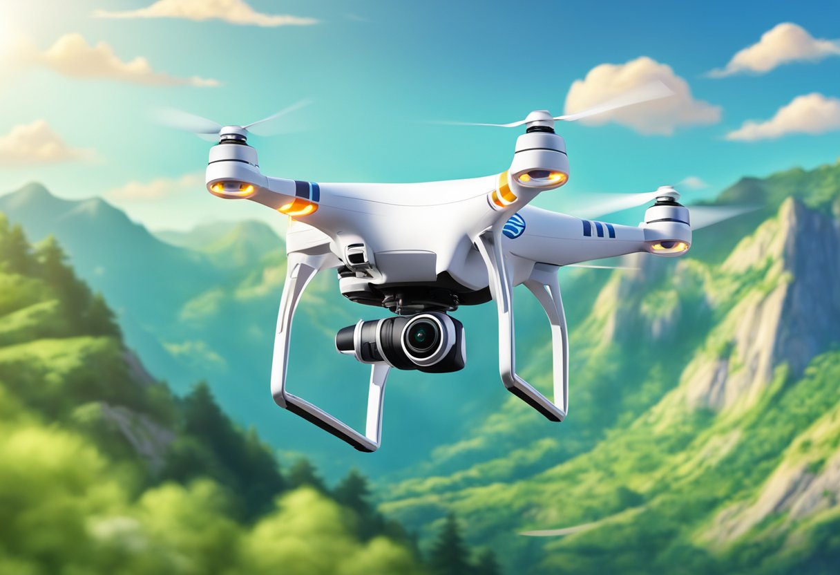 A compact drone flying over a scenic mountain landscape with a clear blue sky and lush greenery