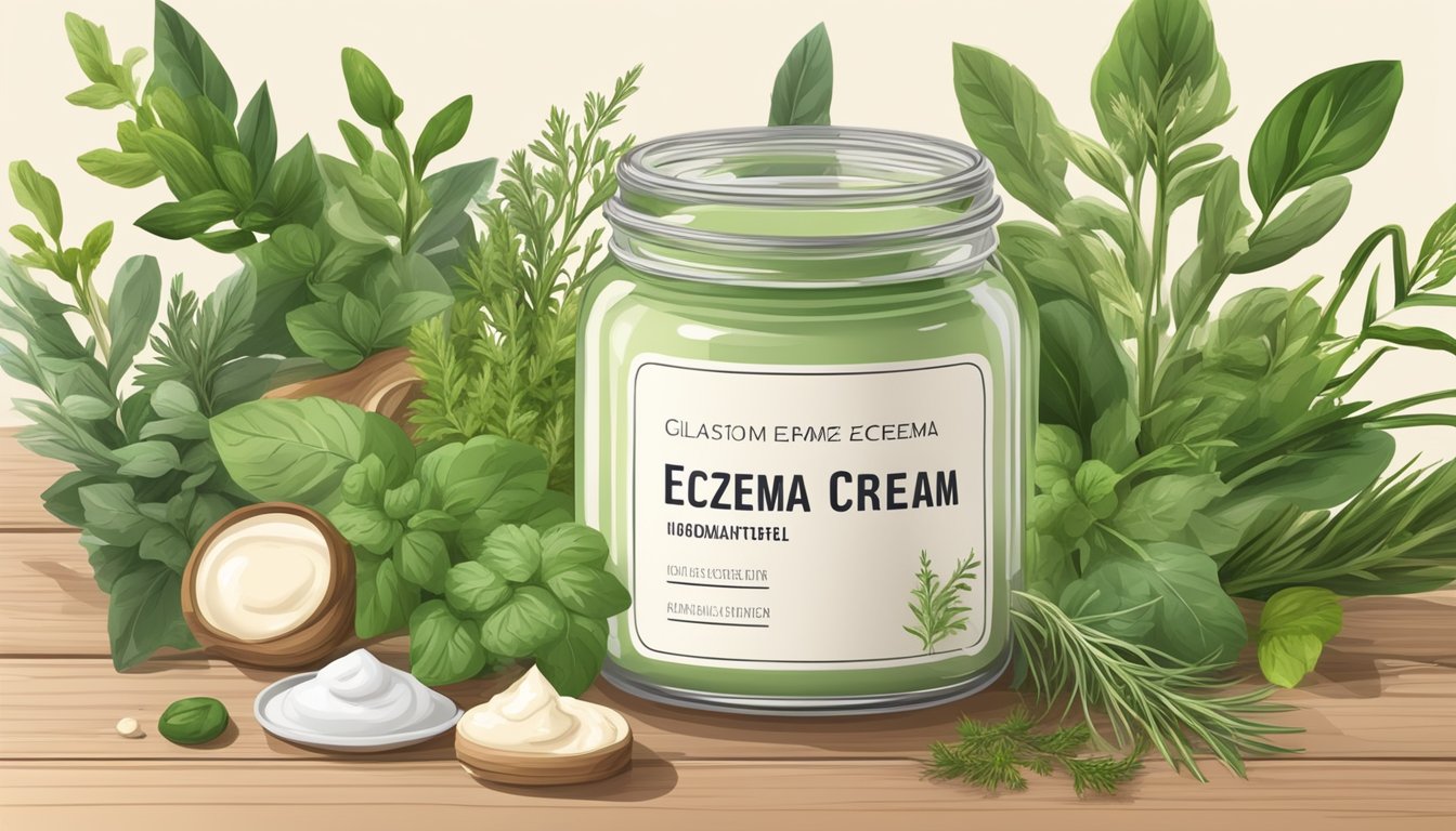 A glass jar filled with homemade eczema cream surrounded by fresh herbs and natural ingredients on a wooden table