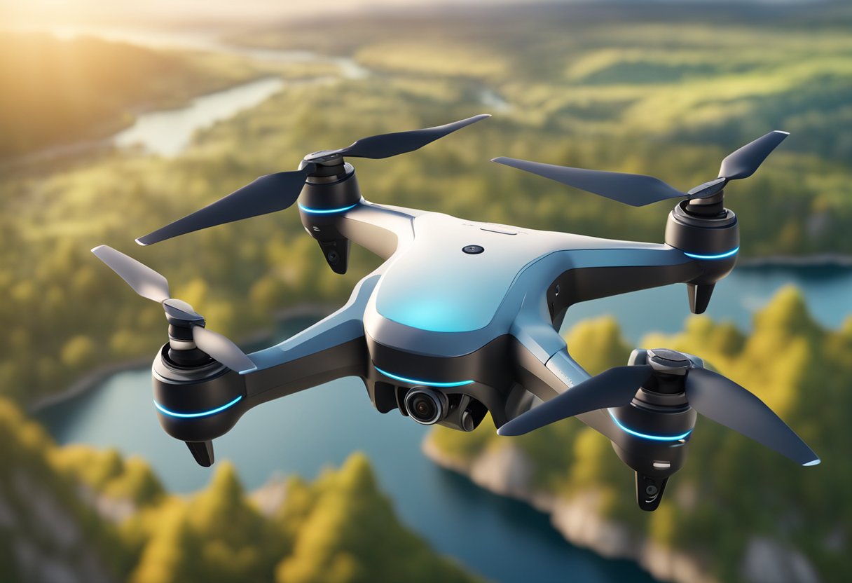 A compact drone hovers over a scenic landscape, capturing stunning aerial footage with precision and stability