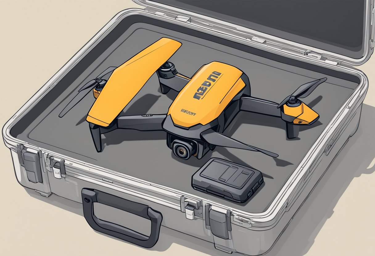 A compact drone being securely packed in a protective case with safety regulations and best practices guidelines displayed nearby