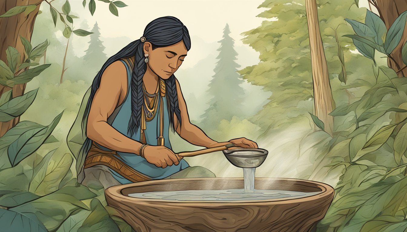 A Native American healer mixes powdered slippery elm bark with water, creating a soothing paste