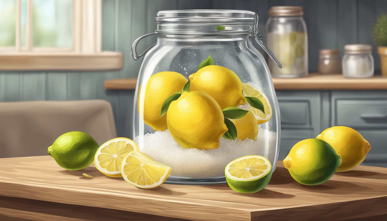 A glass jar filled with fresh lemons and a small dish of coarse salt on a wooden tabletop