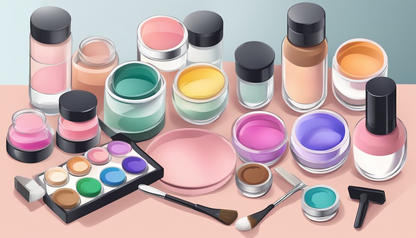 A table with various pigments, mixing tools, and containers arranged for making DIY blush