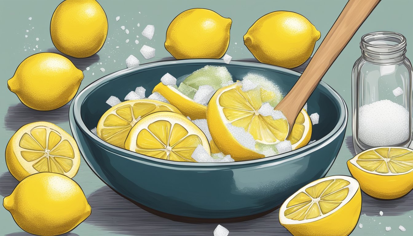 A hand mixing lemon and salt in a bowl, surrounded by fresh lemons and a jar of salt