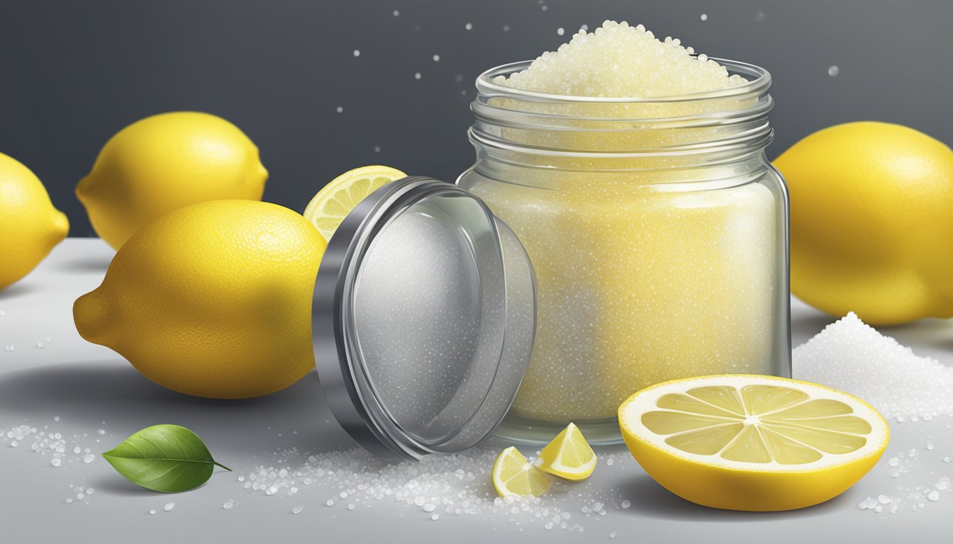 A glass jar filled with lemon and salt scrub, surrounded by fresh lemons and a bowl of sea salt