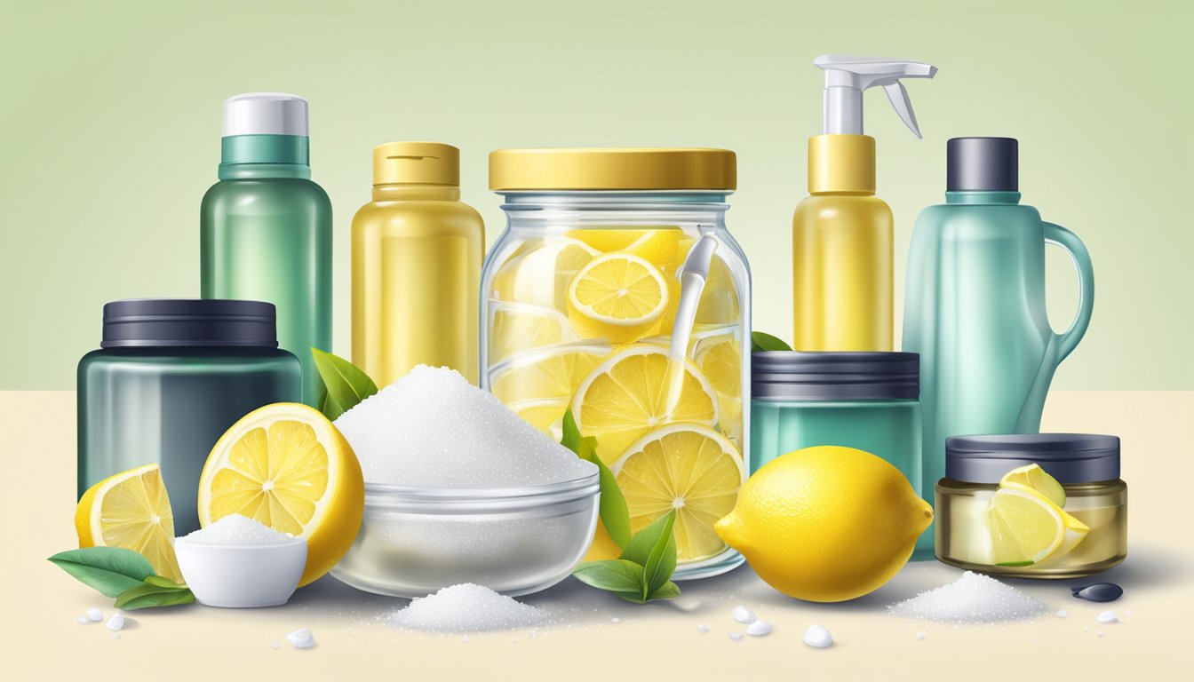 A glass jar filled with lemon slices and salt, surrounded by various skin care products and safety gear