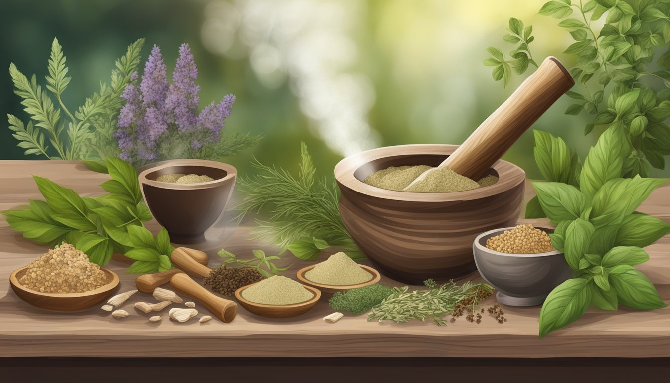 A mortar and pestle grinding slippery elm bark into a fine powder, surrounded by various dried herbs and ingredients for healing preparations