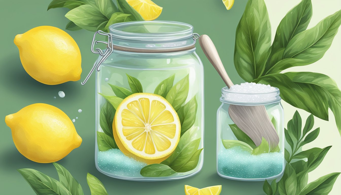 A glass jar filled with lemons and sea salt, surrounded by lush green plants and a reusable wooden spoon