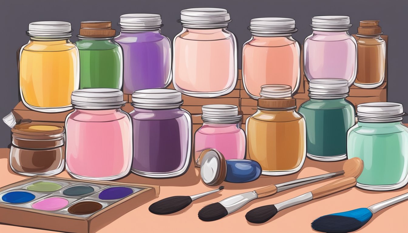 A table with various jars and bottles of pigments, oils, and powders, along with mixing tools and a palette. A DIY blush recipe is laid out step by step